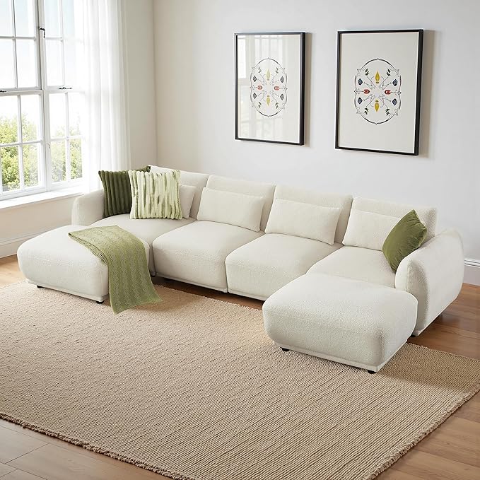 Sectional Sofa Couch, Modern U Shaped Sectional Couch with Ottoman, Modular Sectional Sofa Cloud Couches for Living Room (Beige, 4 Set + 2 Ottoman)