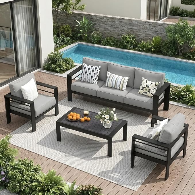 Solaste Aluminum Outdoor Patio Furniture Set, 5 Seats Patio Sectional Sofa with 5" Thick Cushion, Outdoor Patio Set with Coffee Table for Porch, Yard, Backyard, Deck, Light Grey by Solaste