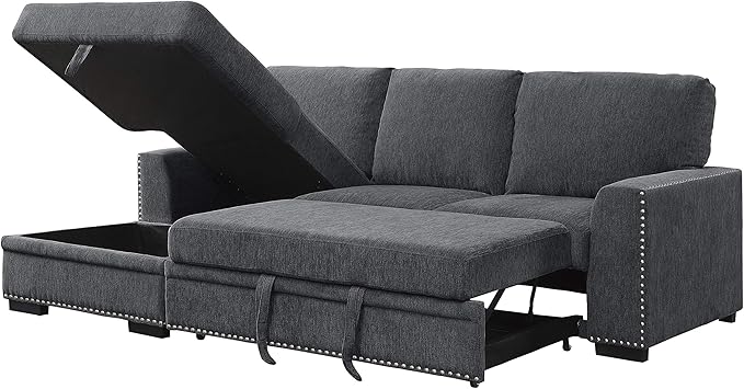 Lexicon Mid Century Modern Sectional Sleeper Sofa Bed Couch with Storage Chaise, Sectional Sofa Pull Out Couch Bed, Sectional Couch Lounge Sofa for Living Room Apartment, Left Side Chaise, Charcoal