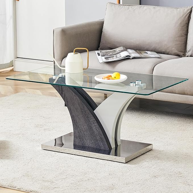 Rectangular Glass Coffee Table for Living Room, 39" Modern Clear Center Table, Tempered Glass Living Room Table with Wood Grain Textures Base