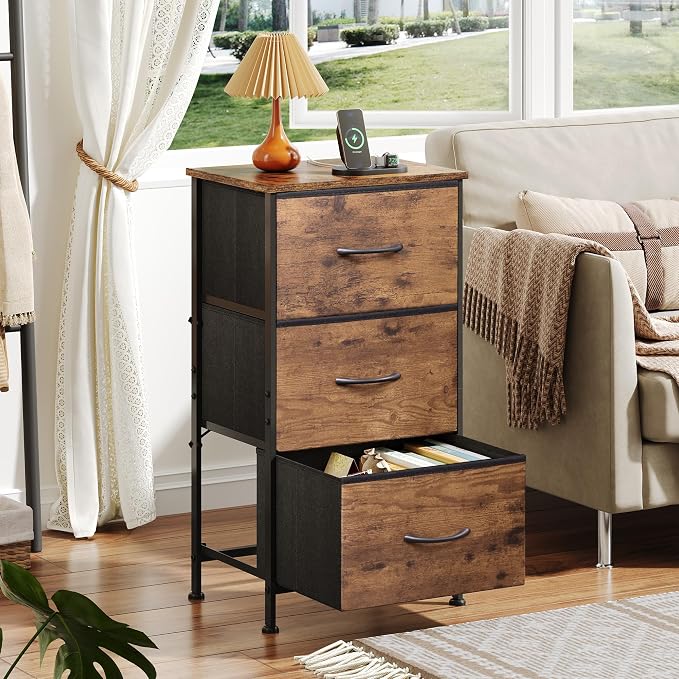 WLIVE Dresser with 3 Drawers, Fabric Nightstand, Organizer Storage Dresser for Bedroom, Hallway, Entryway, Closets, Sturdy Steel Frame, Wood Top, Easy Pull Handle, Rustic Brown Wood Grain Print - Image 4