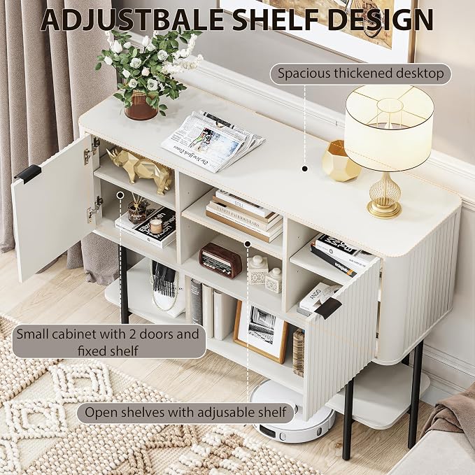 Fatmok Fluted Console Table with Storage, 47" Long Entryway Table with with 2 Door Cabinets and Open Storage Shelf, Wood Sofa Table Behind Couch for Hallway Entrance Foyer Living Room, White - Image 3