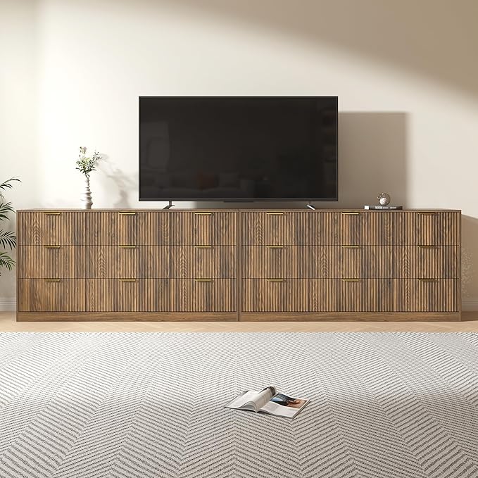 Dresser for Bedroom Set of 2, Long Dresser with 18 Drawers, Fluted Modern Bedroom Furniture Set, TV Stand Dressers & Chests of Drawers for Closet, Walnut (15.7" D x 125.8" W x 31.8" H)