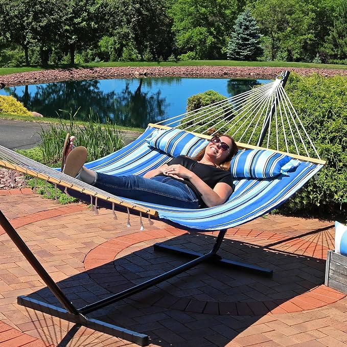 Sunnydaze Quilted Double Hammock for Outside with Spreader Bars and Pillow - 450 lb Capacity, 74x55 Inch Bed, UV Resistant, Quick Dry - Chains Included, Stand Sold Separately - Misty Beach - Image 8
