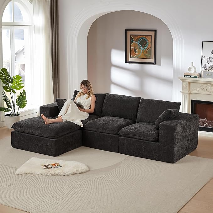 Ball & Cast 108" Modular Sectional Sofa, L Shaped Modular Sectional Couch Deep Seat with Movable Ottoman, Upholstered Convertible Comfy 4 Seater Chenille Sofa for Living Room, Apartment,Black