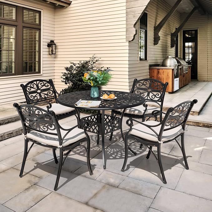 NUU GARDEN 5 Piece Cast Aluminum Outdoor Patio Dining Set, Round Patio Dining Table with 2.24" Umbrella Hole and 4 Patio Dining Chairs with Cushions for Garden, Balcony, Bronze and Beige - Image 8