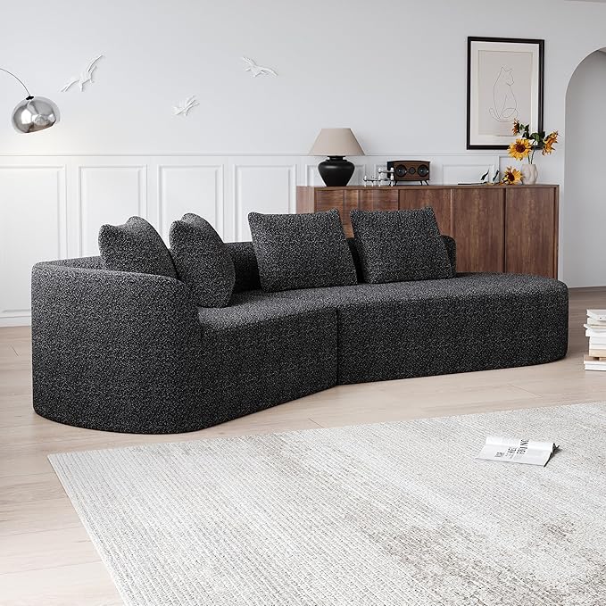 112" Modern Cloud Sectional Sofa, Chenille 4-Seater Curved Couch with 4 Pillows, Extra Deep & Wide Seat, No-Assembly Compressed Upholstered Living Room Sofa for Bedroom,Apartment,Black Left