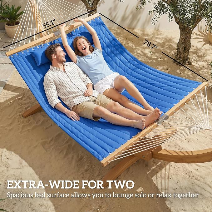 Outsunny Outdoor Hammock, 2-Person Hammock with Head Pillow and Pad, Wood Spreader Bars, 440 lbs Capacity, for Patio Yard Garden, 128" x 55", Navy Blue - Image 4