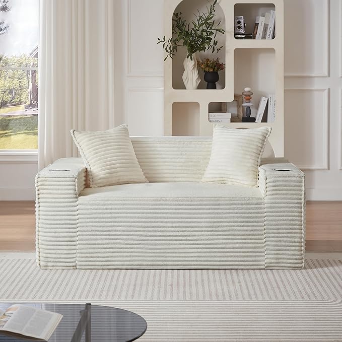 Cloud Loveseat Boneless Sofa Couch in a Box with Cupholders, Modern Corduroy Compressed Sofa for Living Room, 2 Seater High-Density Foam Couch with Pillows, No Assembly Required