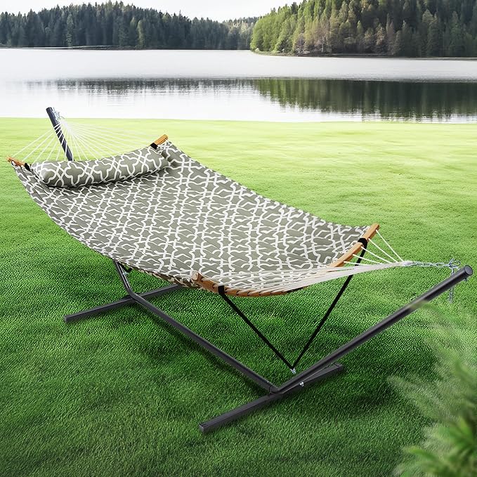SUPERJARE Hammock with Stand, 2 Person Heavy Duty Hammock with Padded Cotton, Detachable Pillow & Strong Curved-Bar & Portable Carrying Bag, Perfect for Outdoor & Indoor, Grey with White Flower - Image 2