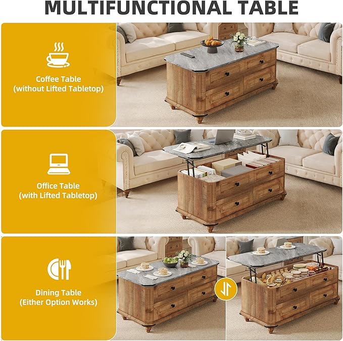DWVO Lift Top Coffee Table with Storage, Farmhouse Wood Central Table w/Large Hidden Compartment, 2 Storage Drawers, Lift Tabletop Dining Table for Living Room, Reception Room, Rustic Brown