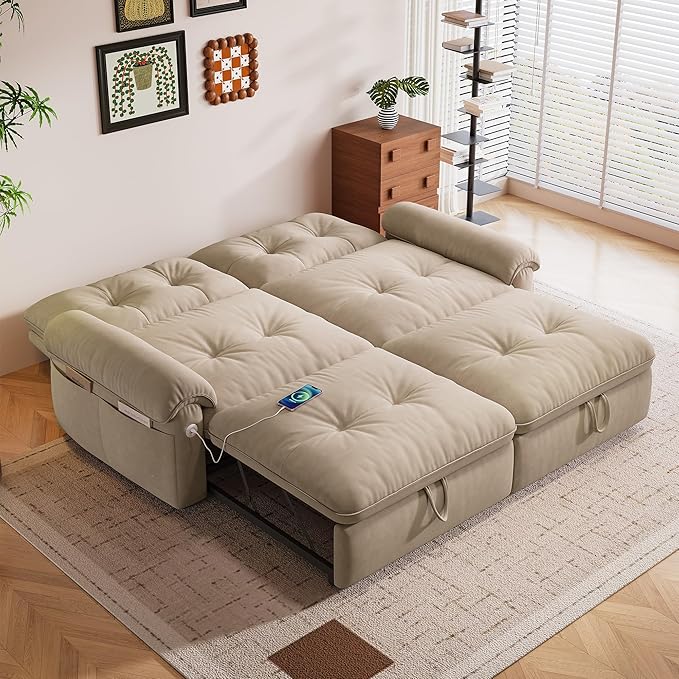 KEIKI 77" Modular Sectional Sofa with Pull-Out Bed, Convertible Sleeper Sofa Bed, 3-Seater Sleeper Sofa Couch for Living Rooms, Bedroom, Apartment, Brown