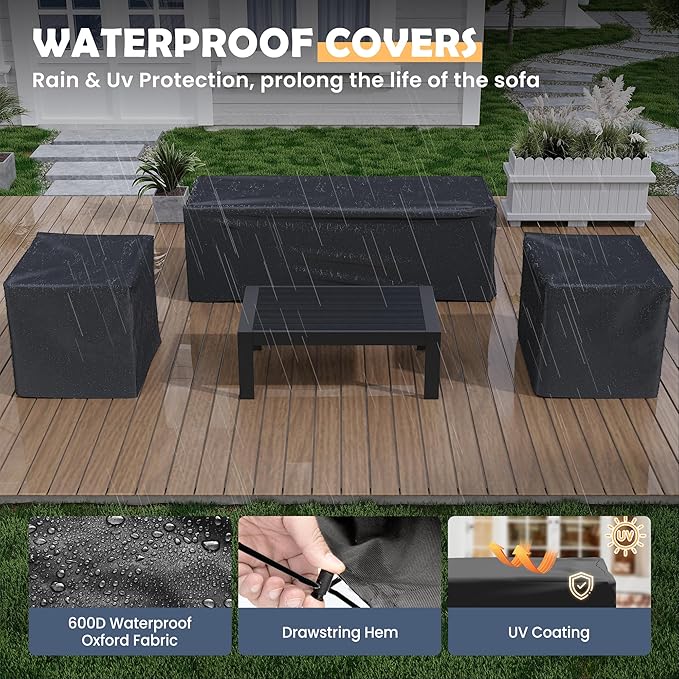 Amopatio Aluminum Patio Furniture Set, 6 Pieces Modern Patio Conversation Sets, Outdoor Sectional Metal Sofa with Coffee Table for Balcony, Garden (Included Waterproof Covers)