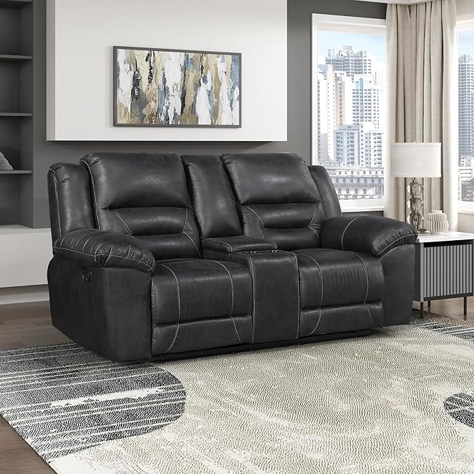 Lexicon Double Recliner Loveseat with Center Console, Wall Hugger Manual Reclining Couch, Textured Microfiber Upholstered Dual Reclining Love Seat, Home Theater Seating, Required Assembly, Black