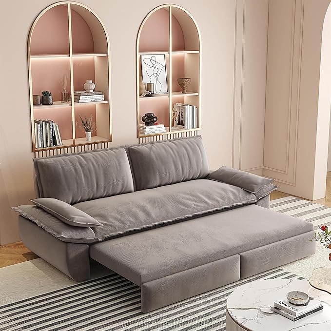 73.2" Queen Size Pull Out Sofa Bed, 3-in-1 Convertible Sleeper, Velvet Loveseat for Living Room, Apartment, Bedroom Small Spaces, Grey (Mattress & Bedding Not Included)