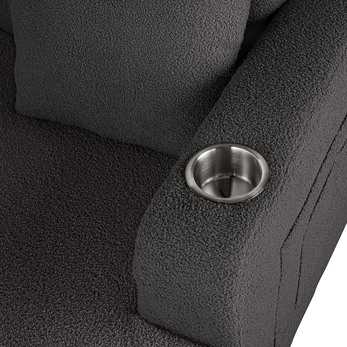 Homes: Inside + Out Reese Modern Plush Boucle Couch with Side Pockets, Cup Holders and USB Ports, Wooden Comfortable Sofa for Living Room, Bedroom and Office, Dark Grey