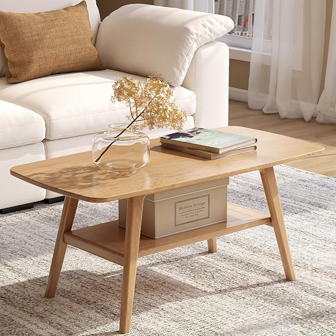 100% Solid Oak Wood Coffee Table for Living Room, 2-Tier Small Coffee Tables with Shelf Storage, Mid Century Modern Table with Rounded Corners (Natural, 39.37" x 19.68" x 17.32")