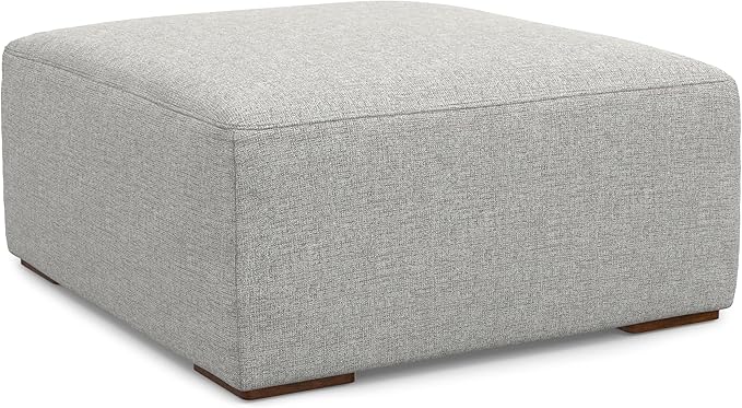 SIMPLIHOME Rex Ottoman - 34 inch Wide Upholstered Performance Fabric Square Ottoman in Pale Grey, Modern Bench for Living Room or Bedroom with High-Density Cushion, Assembled