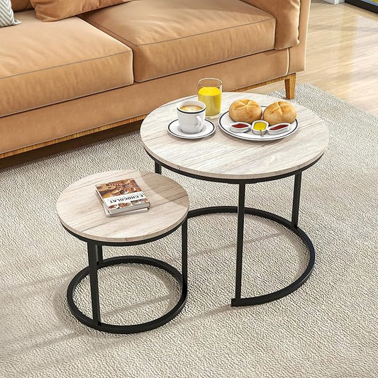 HOJINLINERO Round Coffee Table,Nesting Coffee Table Set of 2,Center Tables for Living Room,Office, Home Small Space,Stacking Side Tables,Sturdy and Easy Assembly,Wood Desktop,Black+White Oak,Small