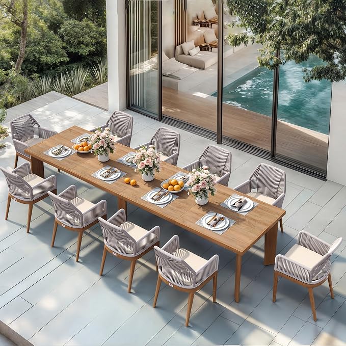 PURPLE LEAF 11 Pieces Patio Dining Set Aluminum Rectangular Table and Rattan Arm Chairs with Cushions for Kitchen Porch Garden Modern Outdoor Furniture Sets by PURPLELEAF