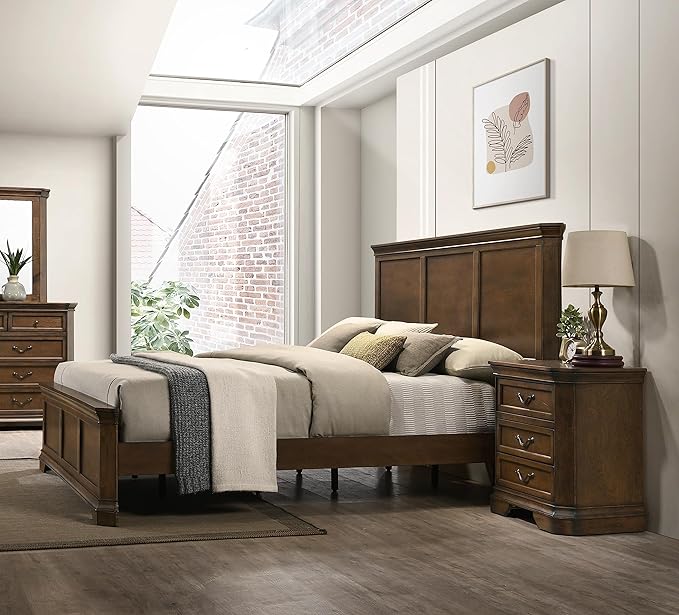 Roundhill Furniture Maderne 3-Piece Bedroom Set with King Size Panel Bed and Two Nightstands, Antique Walnut Finish