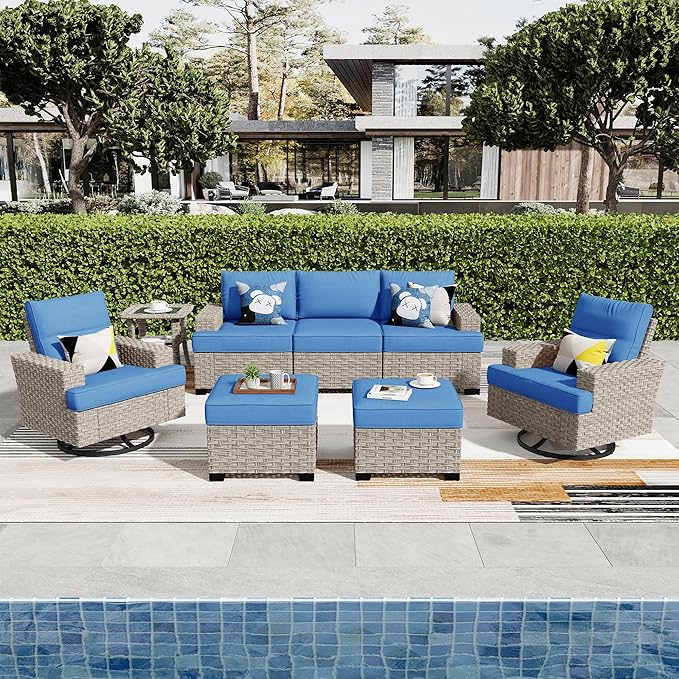 ovios 8 Piece Patio Sectional Furniture with Swivel Rocking Chairs, Rattan Wicker Coversation Set with Glowing Coffee Table, Outdoor Sofa Set for Outside Porch Balcony Backyard Pool,Blue