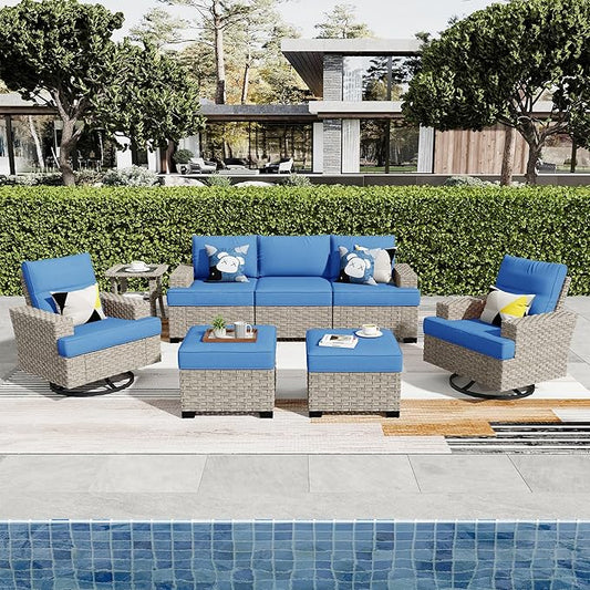 ovios 8 Piece Patio Sectional Furniture with Swivel Rocking Chairs, Rattan Wicker Coversation Set with Glowing Coffee Table, Outdoor Sofa Set for Outside Porch Balcony Backyard Pool,Blue