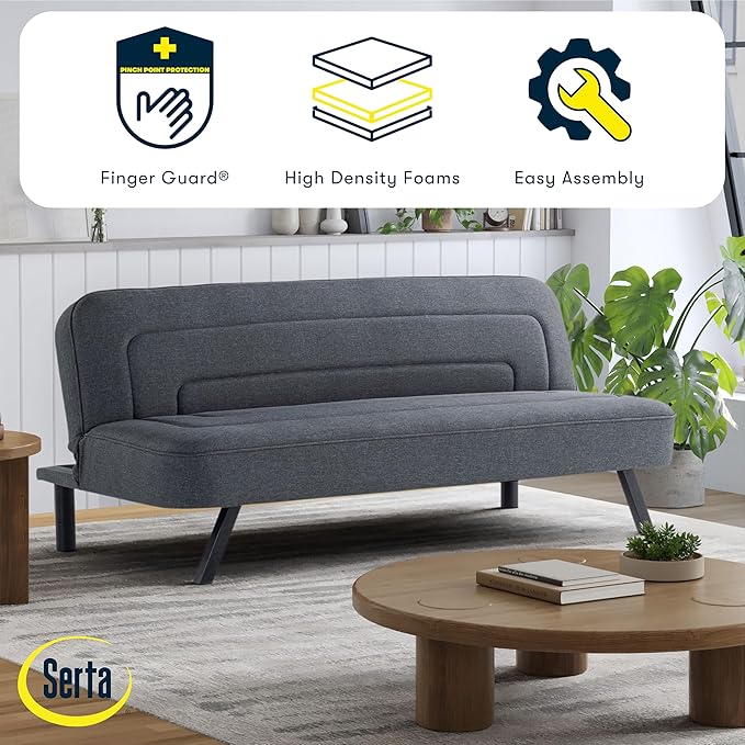 Serta Fairwood 66.1" Convertible Futon Sofa, Short Twin Size, Modern Boho, Dream Coil Comfort, Fingerguard Pinch Point Protection, Soft Woven Polyester Fabric, Charcoal