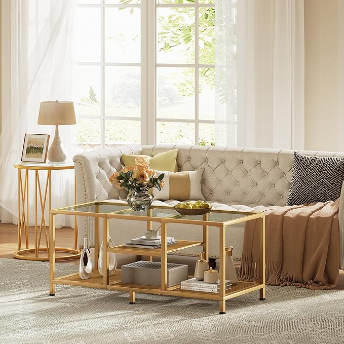 Glass Coffee Table, Coffee Tables for Living Room, Small Center Table, Modern Coffee Table with Open Storge&Metal Frame, Rectangular Coffee Tables for Small Space, Home Office, Gold