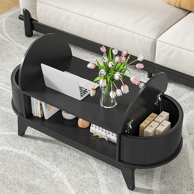 46.45'' Oval Coffee Tables for Living Room, Mid Century Modern Coffee Table with Storage, Wood Fluted Accent Center Table with Flip-Top Lids for Home,Office(Black)