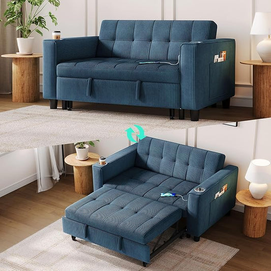 LINSY Sleeper Sofa Bed, 54" Pull Out Couch with Charging Station & Cup Holder, Small 3 in 1 Convertible Loveseat Sleeper Couch for Apartment, Dorm Room, Bedroom and Small Space, Corduroy Blue
