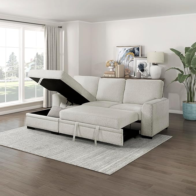 Lexicon Mid Century Modern Sectional Sleeper Sofa Bed Couch with Storage Chaise, Sectional Sofa Pull Out Couch Bed, Sectional Couch Lounge Sofa for Living Room Apartment, Left Side Chaise, Beige