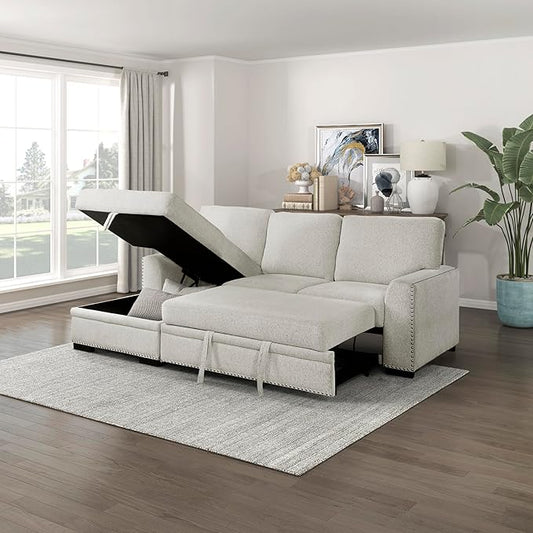 Lexicon Mid Century Modern Sectional Sleeper Sofa Bed Couch with Storage Chaise, Sectional Sofa Pull Out Couch Bed, Sectional Couch Lounge Sofa for Living Room Apartment, Left Side Chaise, Beige