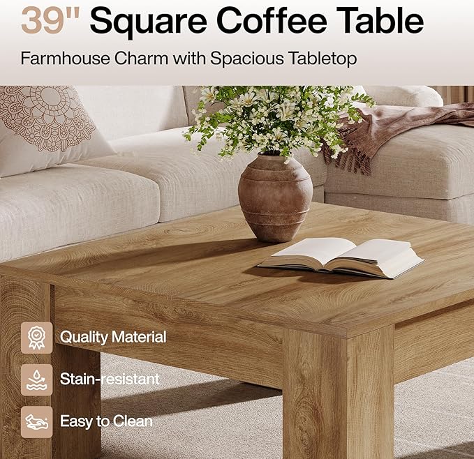 Tribesigns Farmhouse Square Coffee Table, 39-Inch Wooden Coffee Table with Sturdy Legs, Rustic Accent Center Table for Living Room, Easy Assembly, Light Brown