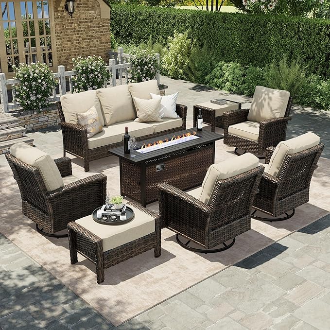 HERA'S HOUSE 8-Piece Outdoor Furniture Set with Fire Pit Table, Patio Conversation Set with 5.5" Thick Cushions & High Back Swivel Chairs, All-Weather Wicker Deep Seating Sofa with Ottomans, Beige