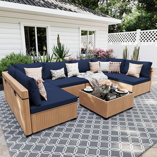 UPHA 7 Pieces Patio Furniture Sets, Wicker Outdoor Sectional Sofa Couch with Coffee Table, Patio Conversation Set for Deck Backyard Garden, Beige Rattan, Navy Blue Cushion