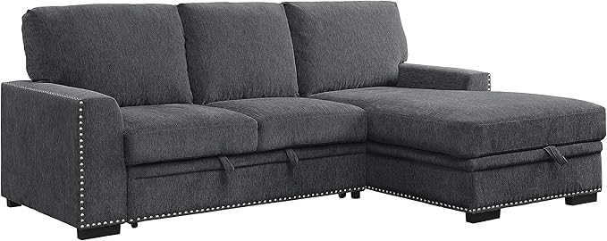 Lexicon Mid Century Modern Sectional Sleeper Sofa Bed Couch with Storage Chaise, Sectional Sofa Pull Out Couch Bed, Sectional Couch Lounge Sofa for Living Room Apartment, Right Side Chaise, Charcoal