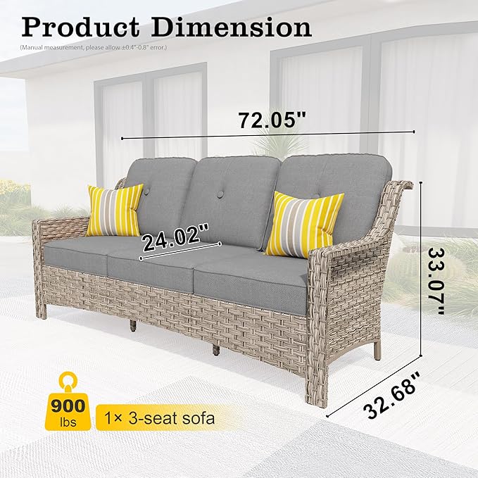 HOOOWOOO Patio Couch,Outdoor Wicker 3 Seater Sofa,All Weather Resistant High Back Rattan Deck Matching Furniture(Dark Grey Gray)