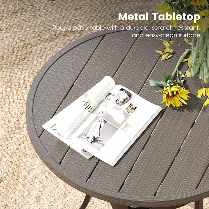 DIFY 3 Piece Outdoor Dining Set for 2, Patio Furniture Set of Small Round Metal Dining Table and 2 Textilene Stackable Patio Chairs, for Garden Porch Deck, Grey Wood-Like Tabletop & Grey Chairs - Image 3