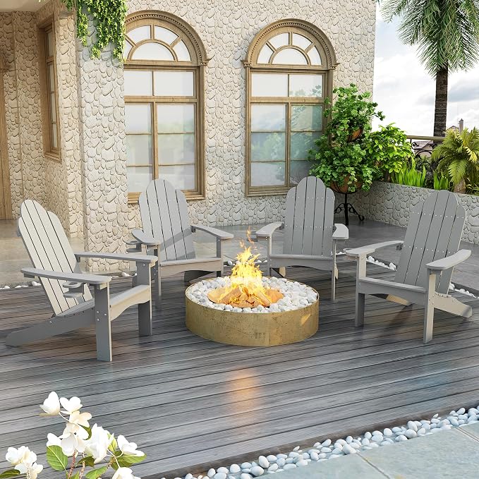 LUE BONA HDPS Adirondack Chairs, Fire Pit Outdoor Chair Weather Resistant with Cup Holder, Modern Plastic Chair Plastic for Patio, Deck, Proch, 350LBS, Gray by LUEBONA