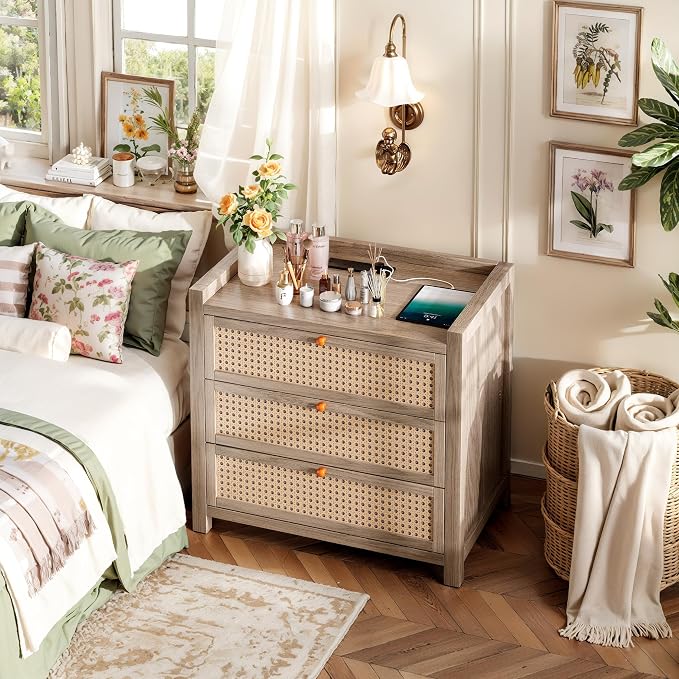 LGHM Large Night Stand with 3 Drawers, Nightstand for Bedroom with Type-C Charging Station, Boho Bed Side Table with Drawers,30" W End Table for Bedroom, Living Room,Natural - Image 4