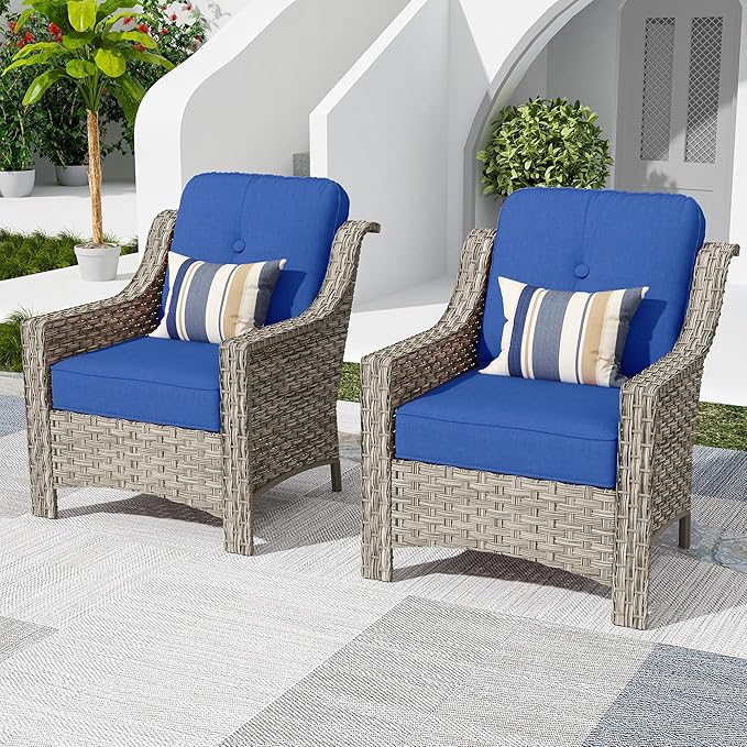 HOOOWOOO 2 Piece Patio Chairs Set,Outdoor Wicker Chairs,All Weather Resistant High Back Rattan Deck Chairs Matching Furniture(Navy Blue)