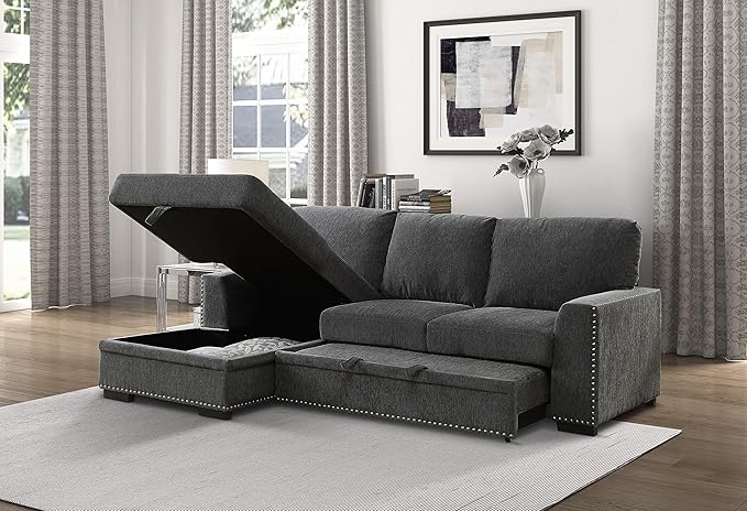 Lexicon Mid Century Modern Sectional Sleeper Sofa Bed Couch with Storage Chaise, Sectional Sofa Pull Out Couch Bed, Sectional Couch Lounge Sofa for Living Room Apartment, Left Side Chaise, Charcoal