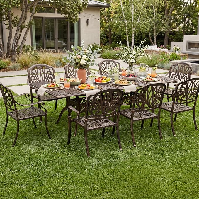 VINGLI 9-Piece Cast Aluminum Outdoor Dining Set for 8, Rectangular Patio Table with Umbrella Hole & 8 Stackable Chairs, All-Weather Garden/Poolside Furniture - Image 7