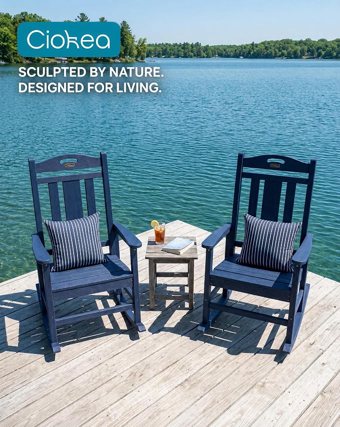 Ciokea Oversized Outdoor Rocking Chair, 380lbs Heavy-Duty Large Patio Rocker, Weather Resistant & Anti-Fade Porch Chair, High Back Cozy Rocking Chair for Outside, Fire Pit, Deck, Garden, Navy Blue - Image 8