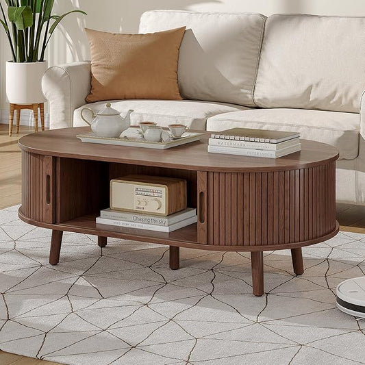 Alohappy Oval Coffee Table, Mid Century Modern Coffee Table with Sliding Tambour Door, Fluted Center Table with Hidden Storage, Curved Profile Dining Table for Living Room, Home Office,Walnut