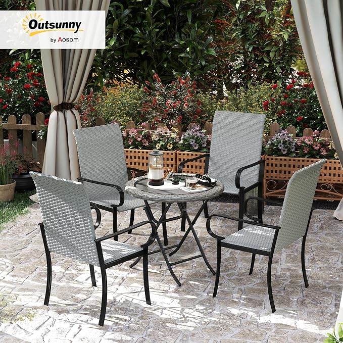 Outsunny Set of 4 Outdoor Wicker Dining Chairs, All-Weather Rattan Armchairs with Armrests, Steel Frame, High Back and Deep Seating, for Garden, Patio, Deck, Yard, Poolside, Gray - Image 2