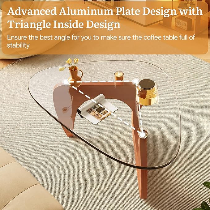 Coffee Tables Glass Small Farmhouse Coffee Table Mid-Century Modern Wood Center Table for Living Room, Walnut Transparent, 32 Inch