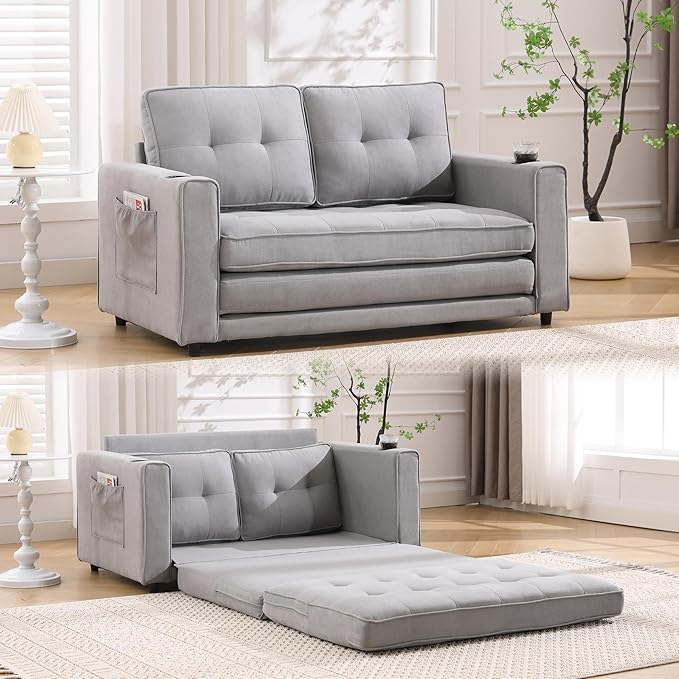 Convertible Sofa Bed, Folding Loveseat Sleeper Sofa Bed with Pillows,Fold Out Floor Couch with Cup Holder, Fabric Pull Out Sleeper Couch Bed for Living Room, Bedroom Lounge, Light Gary