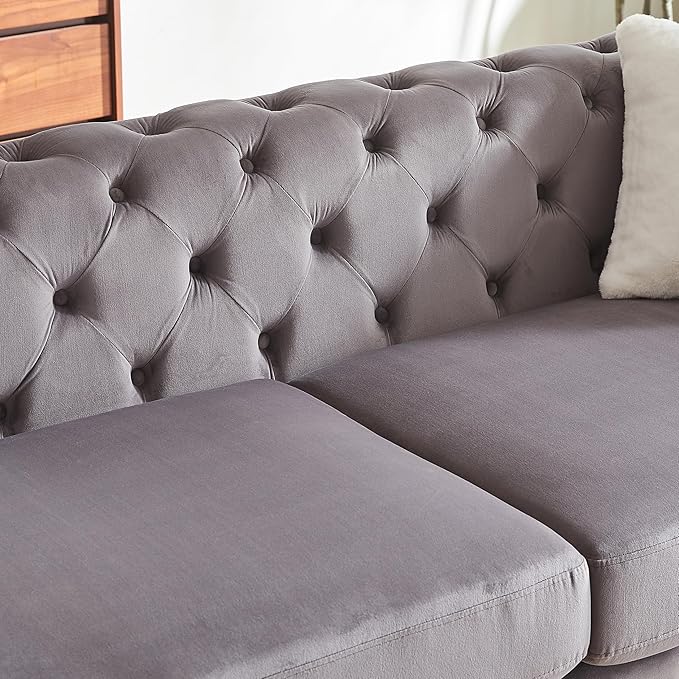 KEIKI 61" Luxury Oversized Velvet Chesterfield Sofa with 2 Pillows, Mid-Century Style 2-Seater Tufted Buttons Couch with High-Density Foam Cushions, Easy Assembly, for Apartment, Living Room, Grey
